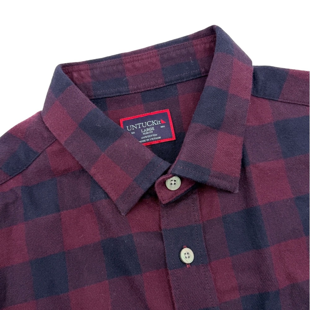 UNTUCKit Button Down Shirt Large Burgundy Blue Buffalo Plaid Slim Fit Flannel